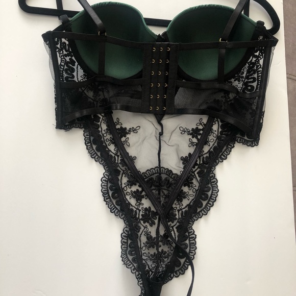❤️SOLD❤️Oh La La Cheri Paulette Lace Trim Satin Thong Bodysuit Black Green - Picture 5 of 13